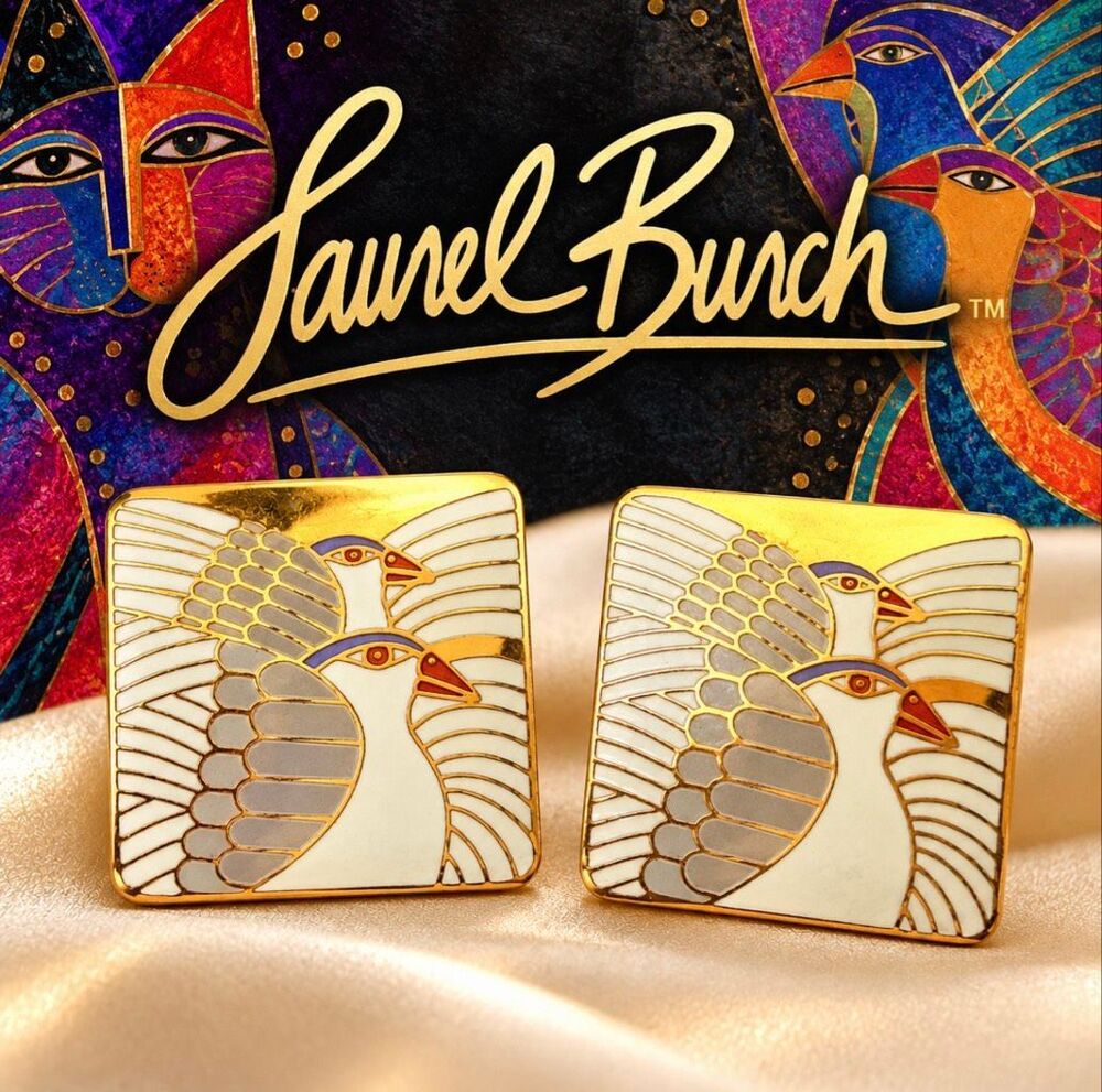Vintage 1988 Laurel Burch Moondoves Enamel Bird Earrings Original Card
